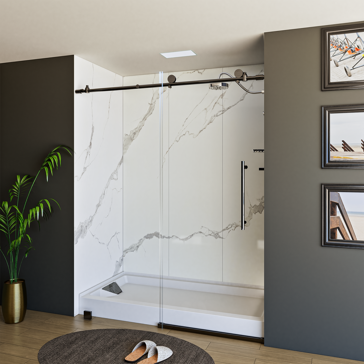 60" x 76" Frameless Shower Door - Acrylic Shower Pan with Drain - Shower Kit with 5pc Shower Wall System