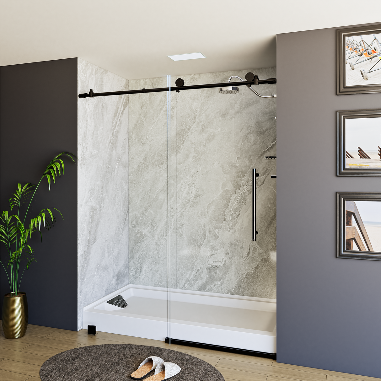 60" x 76" Frameless Shower Door - Acrylic Shower Pan with Drain - Shower Kit with 5pc Shower Wall System