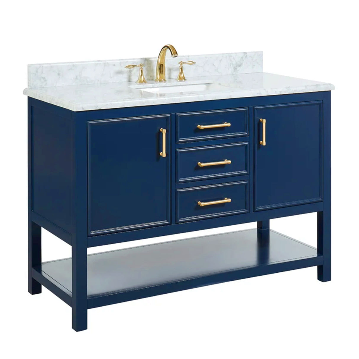 Manhattan Freestanding Solid Wood Bathroom Vanity with Natural Carrara White Marble Sink Top with 4 In. Backsplash