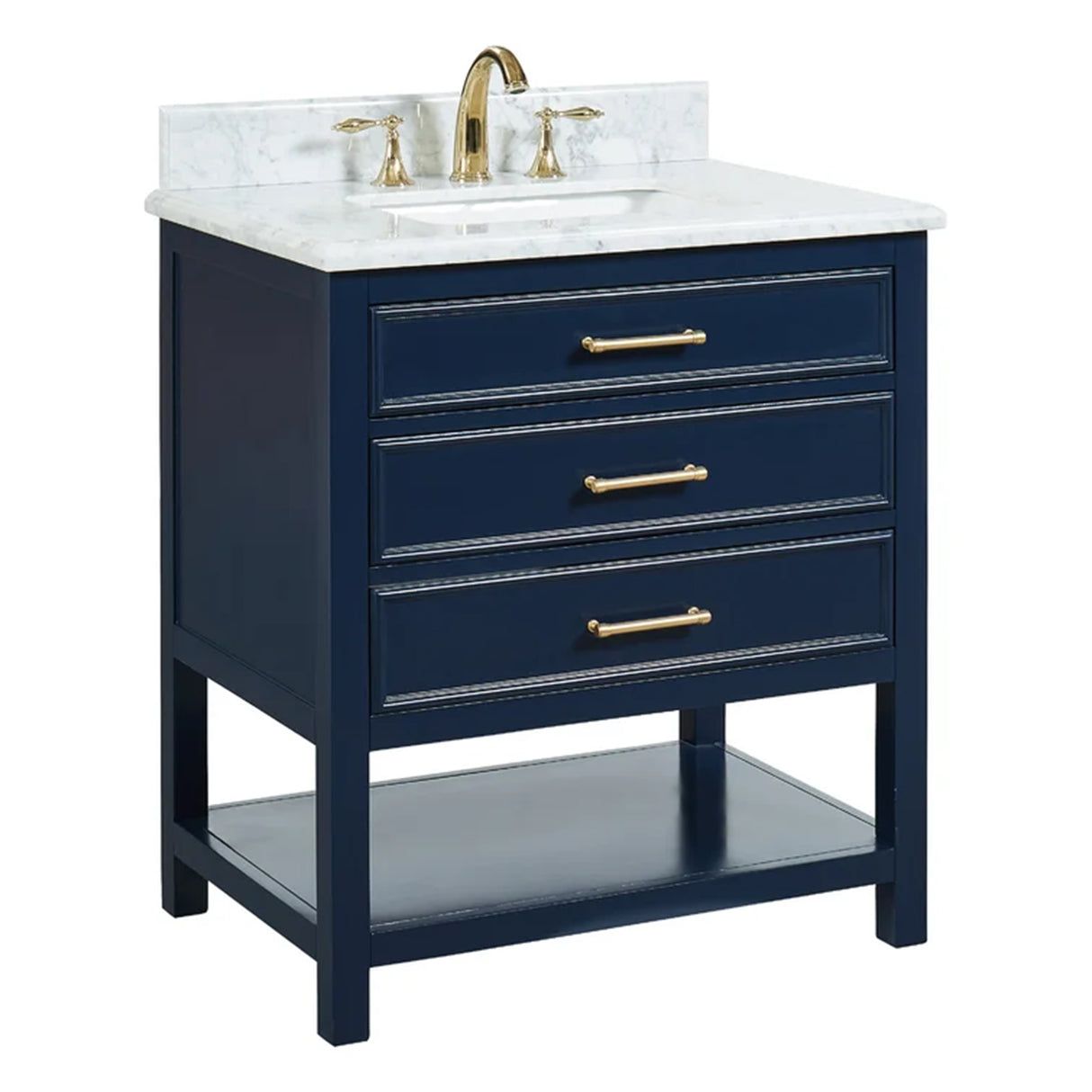 Manhattan Freestanding Solid Wood Bathroom Vanity with Natural Carrara White Marble Sink Top with 4 In. Backsplash