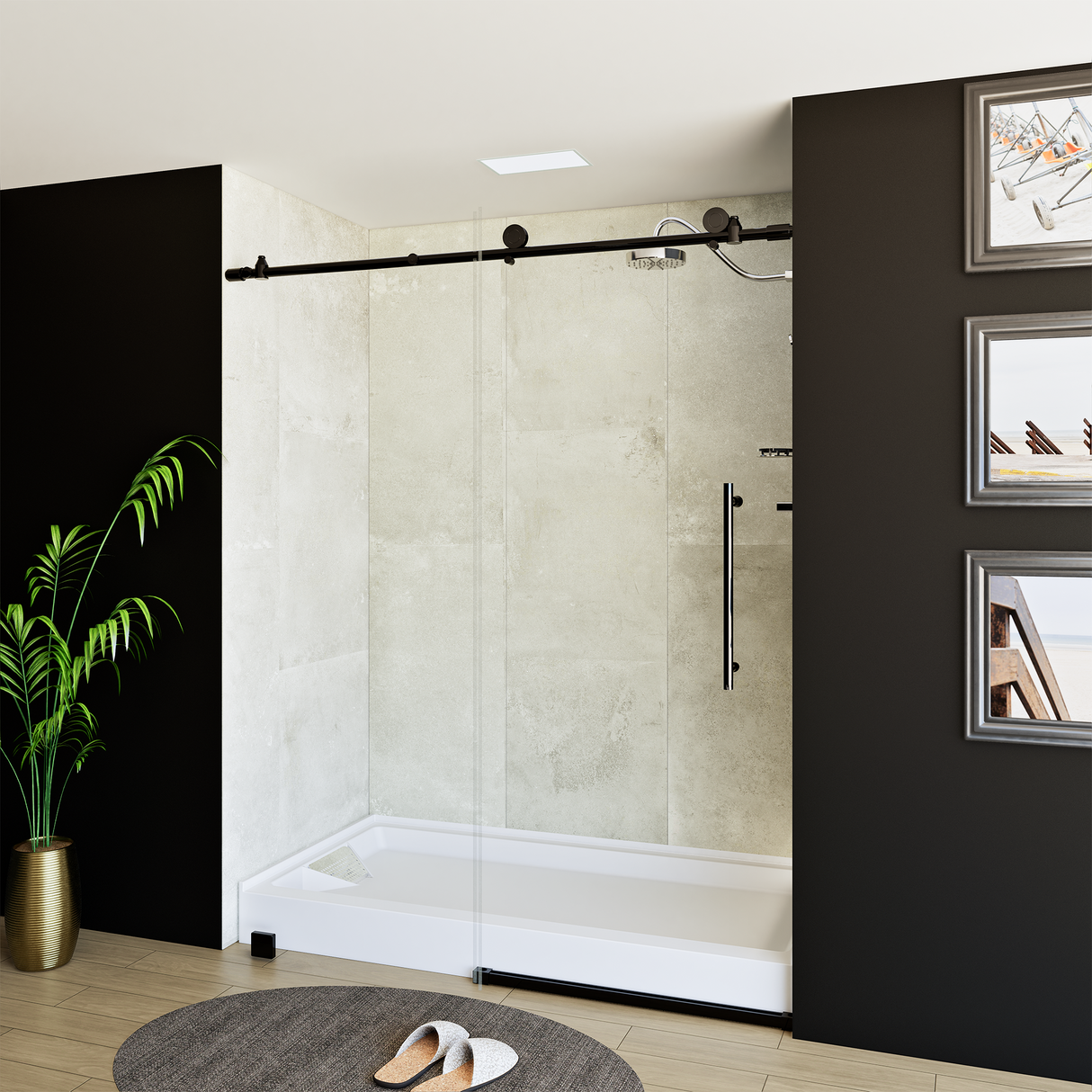 60" x 76" Frameless Shower Door - Acrylic Shower Pan with Drain - Shower Kit with 5pc Shower Wall System