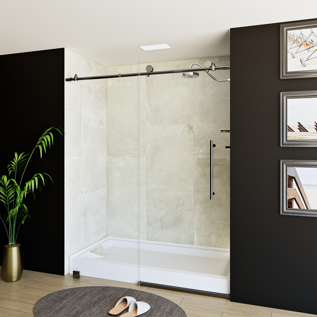 60" x 76" Frameless Shower Door - Acrylic Shower Pan with Drain - Shower Kit with 5pc Shower Wall System