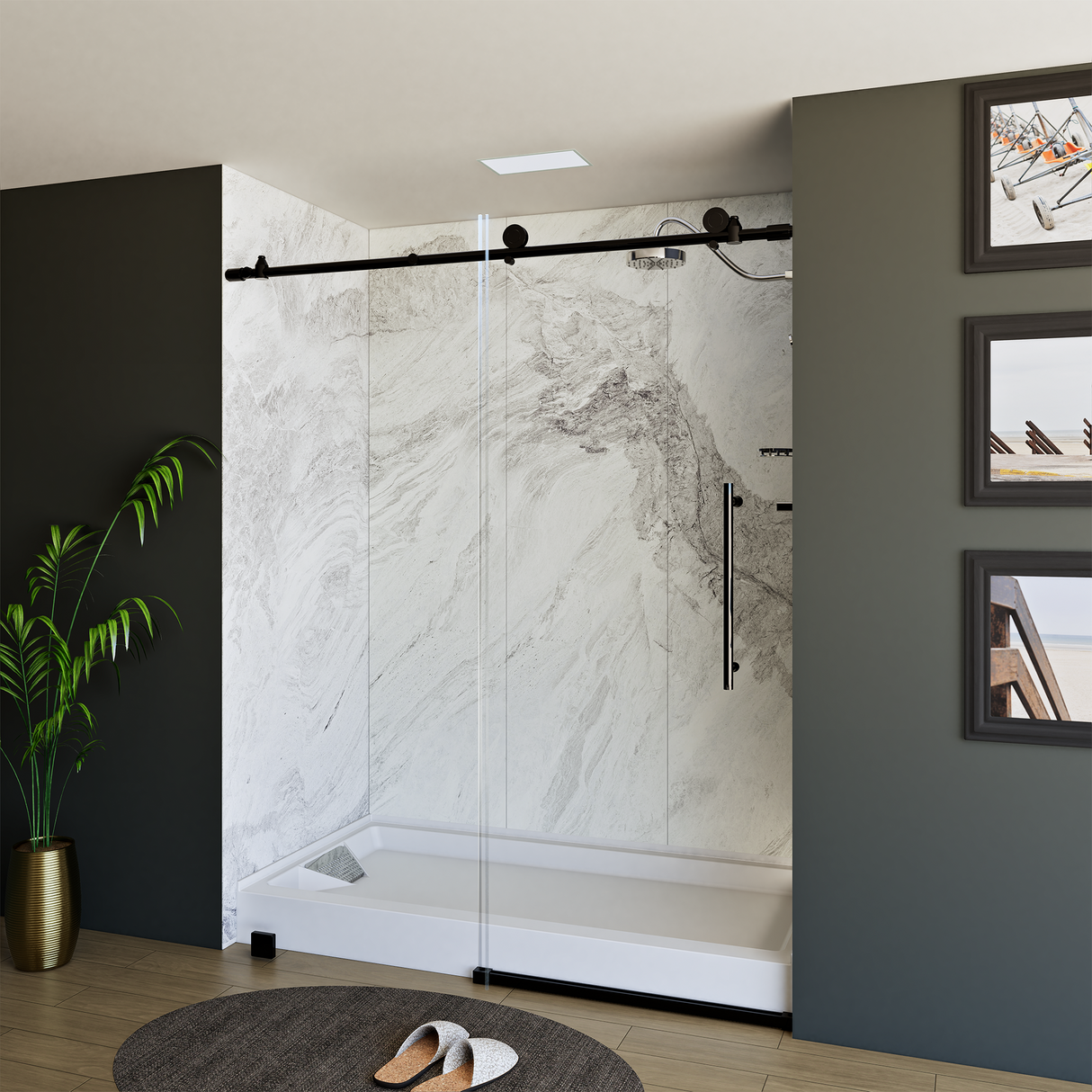 60" x 76" Frameless Shower Door - Acrylic Shower Pan with Drain - Shower Kit with 5pc Shower Wall System