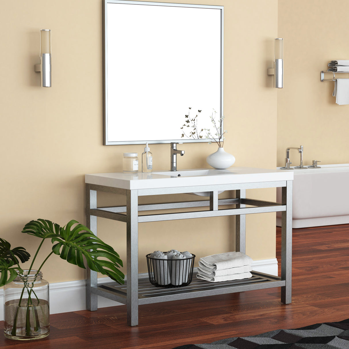 Ortiz Luxury Stainless Steel Freestanding Bathroom Vanity With Acrylic Console Sink, Open Shelf Storage