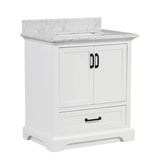 Rhoda Freestanding White Solid Wood Bathroom Vanity with Natural Carrara White Marble Sink Top with 4 In. Backsplash