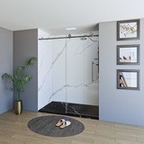 60" x 76" Frameless Shower Door with Brushed Grey - Solid Surface Shower Base Tray - Shower Kit with covered drain - and 5pc Shower Wall System