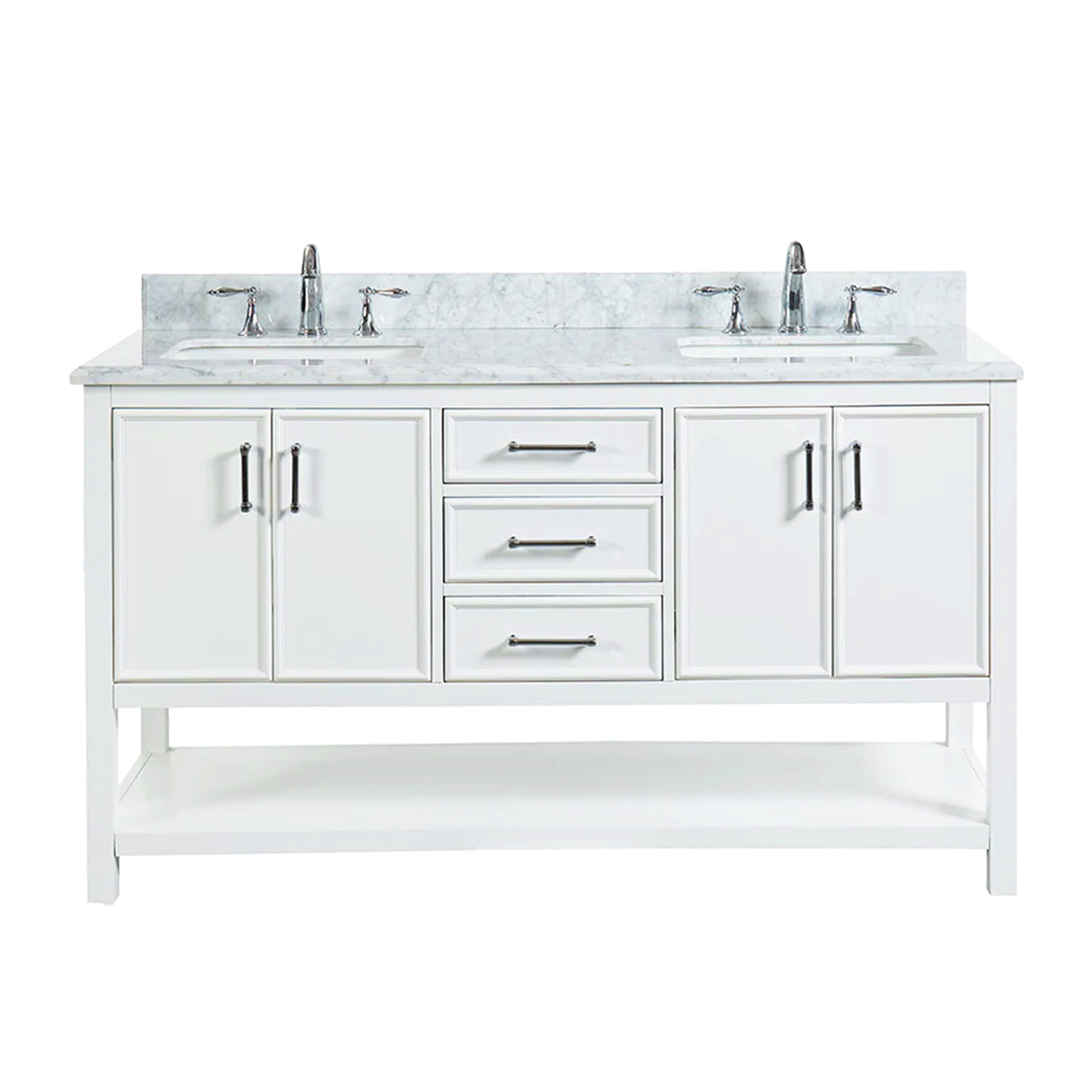 Manhattan Freestanding Solid Wood Bathroom Vanity with Natural Carrara White Marble Sink Top with 4 In. Backsplash