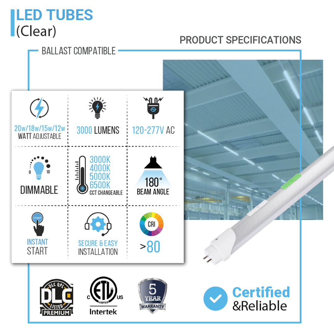 Hybrid T8 4ft LED Tube/Bulb - 22w/20w/18w/ 15w/12w/10w Watt Adjustable, 130lm/w, 3000k/3500k/4000k/5000k/6000k/6500k CCT Changeable, Clear, Base G13, Single End/ Double End Power - Ballast Compatible or Bypass