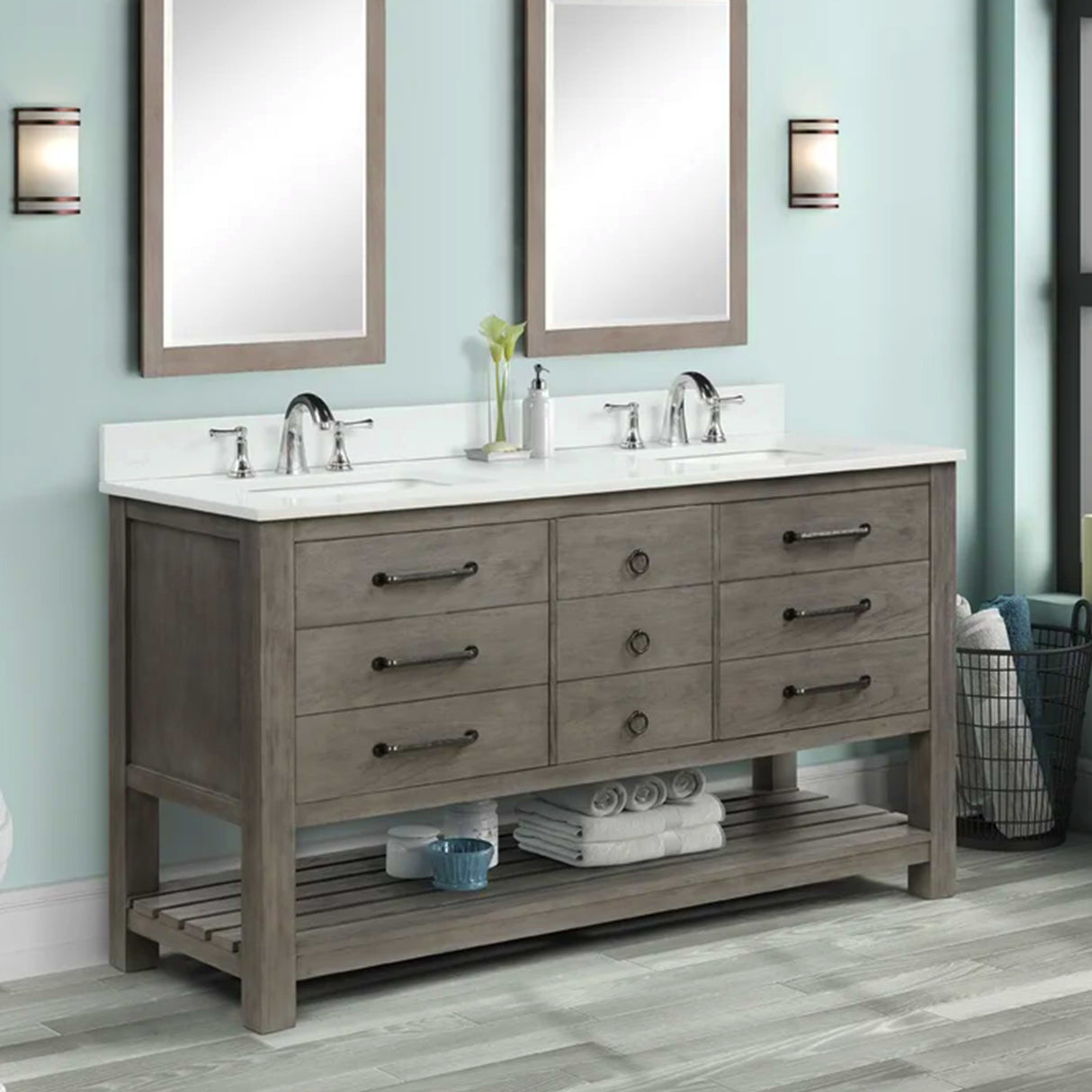 Orkney 61 In. Freestanding Solid Wood Bathroom Vanity with Carrara White Engineered Stone Sink Top with 4 In. Backsplash in Smoked Wood Finish