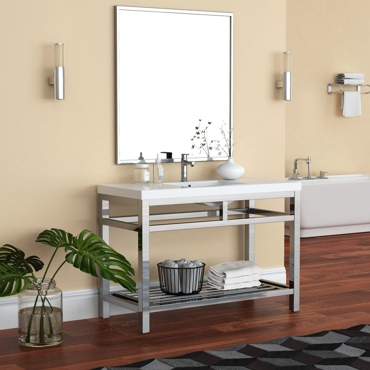 Ortiz Luxury Stainless Steel Freestanding Bathroom Vanity With Acrylic Console Sink, Open Shelf Storage