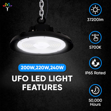 UFO LED High Bay Light 240/220/200 Watt Adjustable, 5700K, 150LM/W-155LM/W, 120-277VAC, IP65, UL, DLC Listed, 1-10V Dim, For Warehouse Factory Workshops Gymnasium & Supermarket Lighting