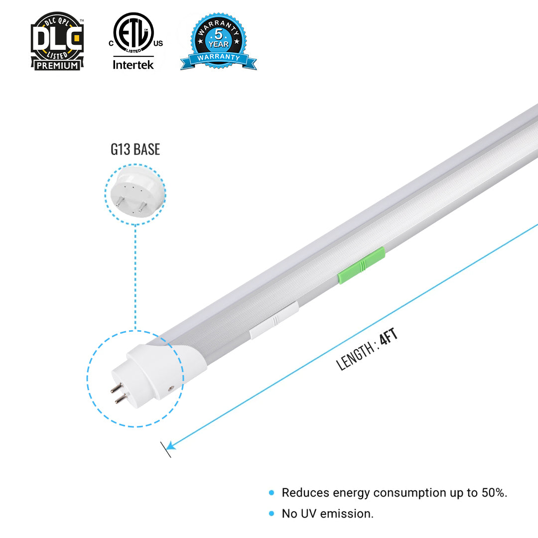 Hybrid T8 4ft LED Tube/Bulb - 22w/20w/18w/ 15w/12w/10w Watt Adjustable, 130lm/w, 3000k /3500k/4000k/5000k/6000k/6500k CCT Changeable, Frosted, Base G13, Single End/Double End Power - Ballast Compatible or Bypass