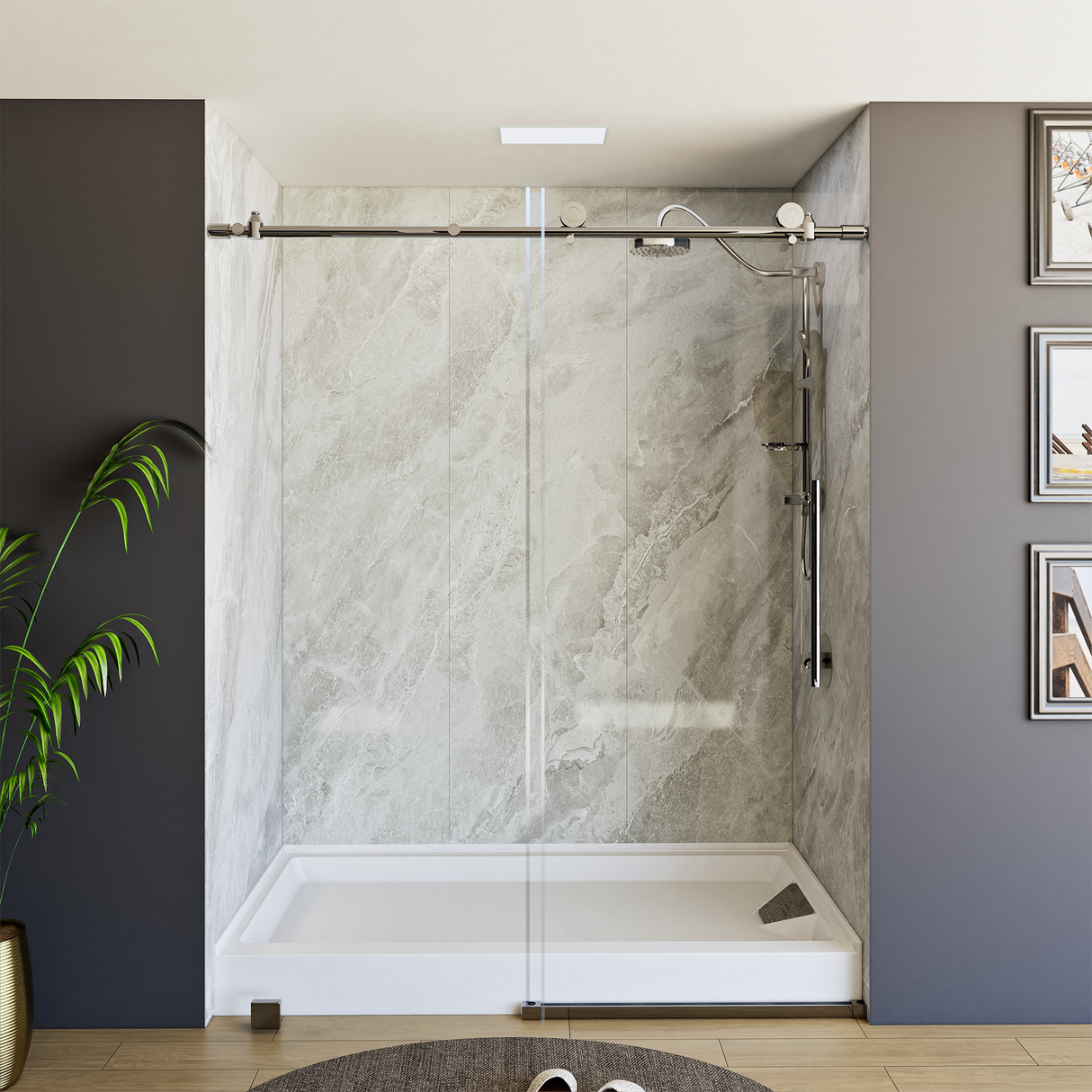 60" x 76" Frameless Shower Door - Acrylic Shower Pan with Drain - Shower Kit with 5pc Shower Wall System