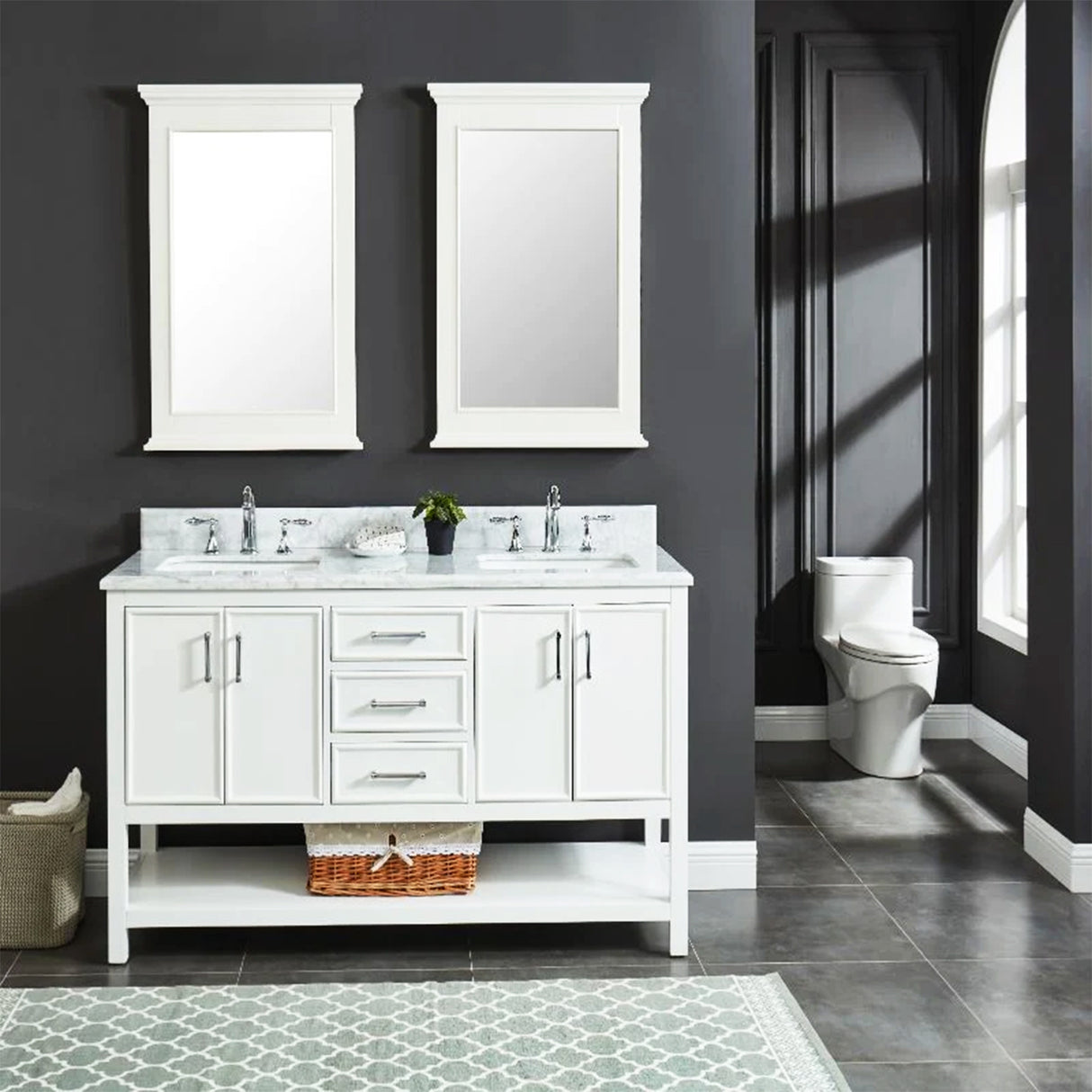 Manhattan Freestanding Solid Wood Bathroom Vanity with Natural Carrara White Marble Sink Top with 4 In. Backsplash