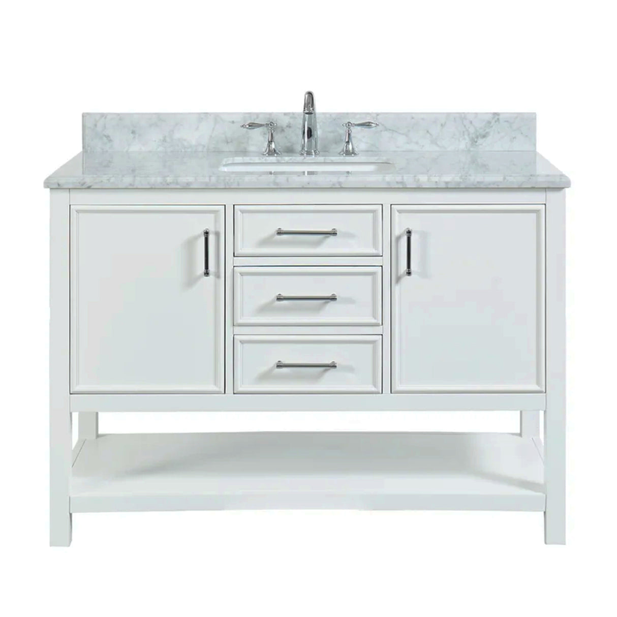 Manhattan Freestanding Solid Wood Bathroom Vanity with Natural Carrara White Marble Sink Top with 4 In. Backsplash