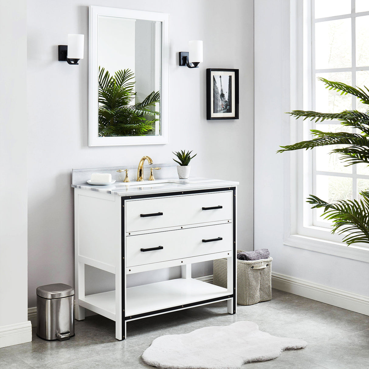 Hendrick 37 In. White Freestanding Solid Wood Bathroom Vanity with Marmara White Marble Top With 4" Backsplash