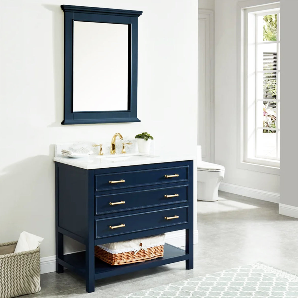 Manhattan Freestanding Solid Wood Bathroom Vanity with Natural Carrara White Marble Sink Top with 4 In. Backsplash