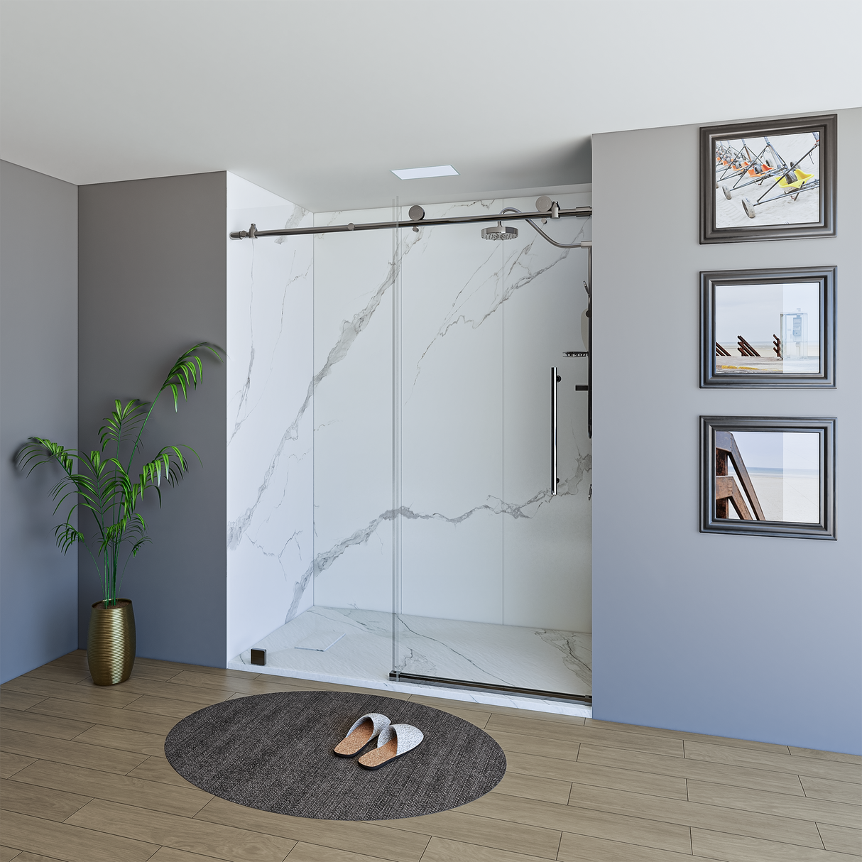 60" x 76" Frameless Shower Door with Brushed Grey - Solid Surface Shower Base Tray - Shower Kit with covered drain - and 5pc Shower Wall System