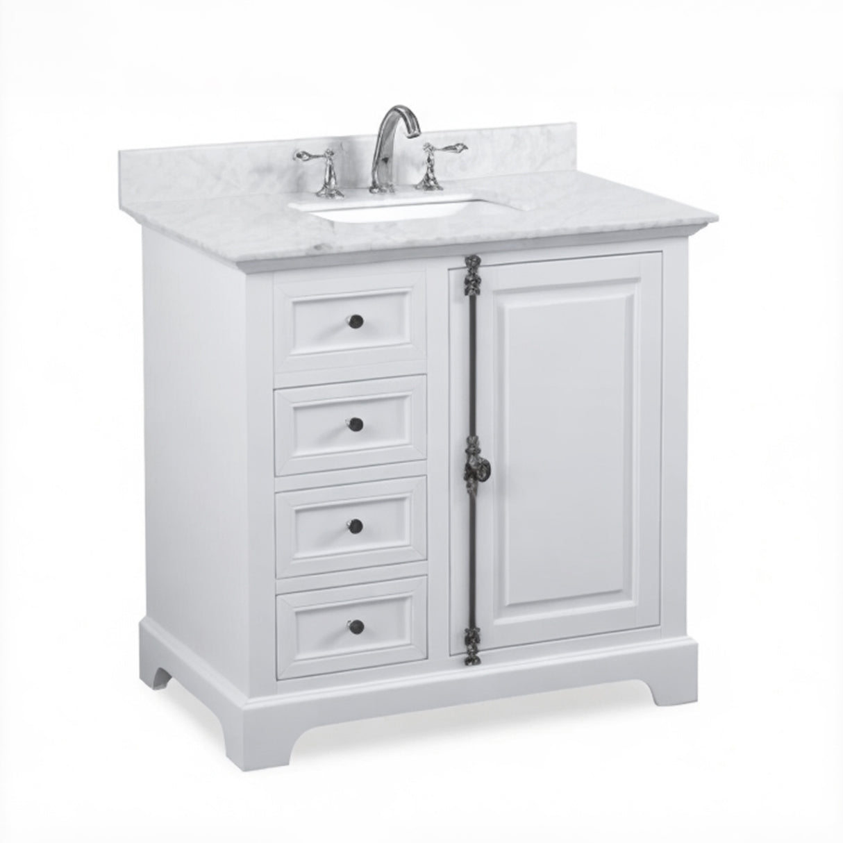 Icon Premium Freestanding Solid Wood White Bathroom Vanity with 1 In. Thick Premium Carrara Natural Marble Sink Top with 4 In. Backsplash