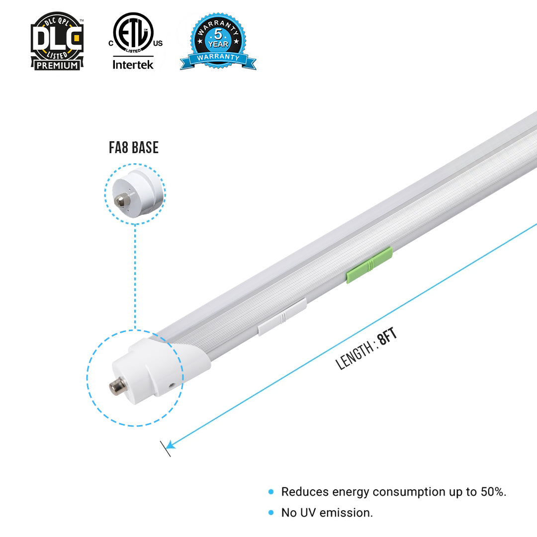 T8 8ft LED Tube/Bulb - 48w/40w/36w/32w Wattage Adjustable, 130lm/w, 3000k/4000k/5000k/6500k CCT Changeable, Frosted, FA8 Single Pin, Double End Power - Ballast Bypass