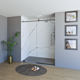 60" x 76" Frameless Shower Door with Brushed Grey - Solid Surface Shower Base Tray - Shower Kit with covered drain - and 5pc Shower Wall System