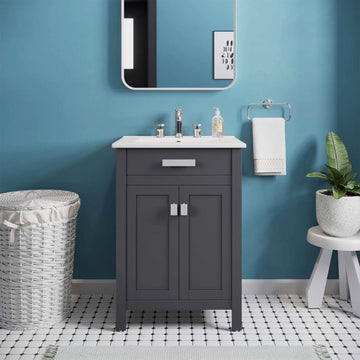 Liana 24 Inch Gray White Freestanding Bathroom Vanity With Ceramic Sink, 2 Doors & Drawer
