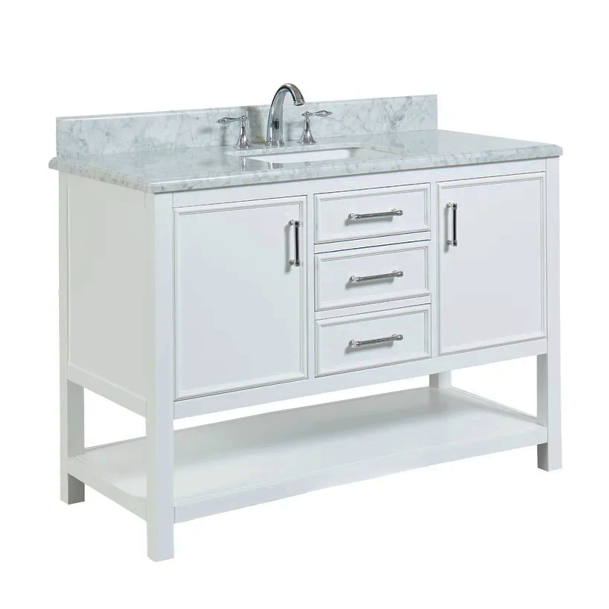 Manhattan Freestanding Solid Wood Bathroom Vanity with Natural Carrara White Marble Sink Top with 4 In. Backsplash