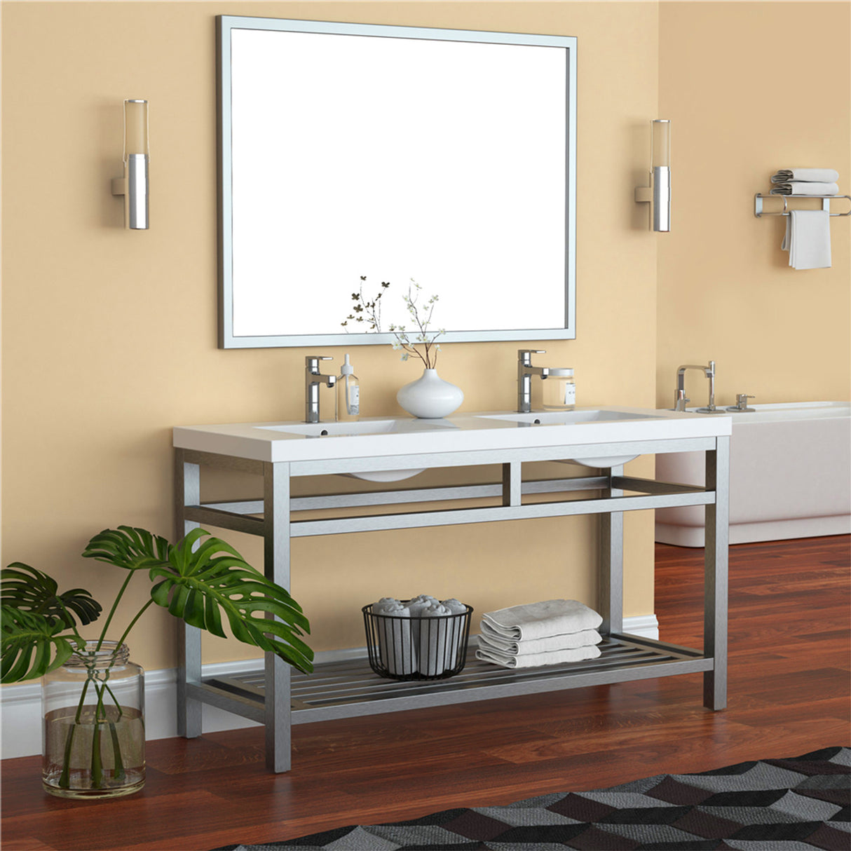 Ortiz Luxury Stainless Steel Freestanding Bathroom Vanity With Acrylic Console Sink, Open Shelf Storage