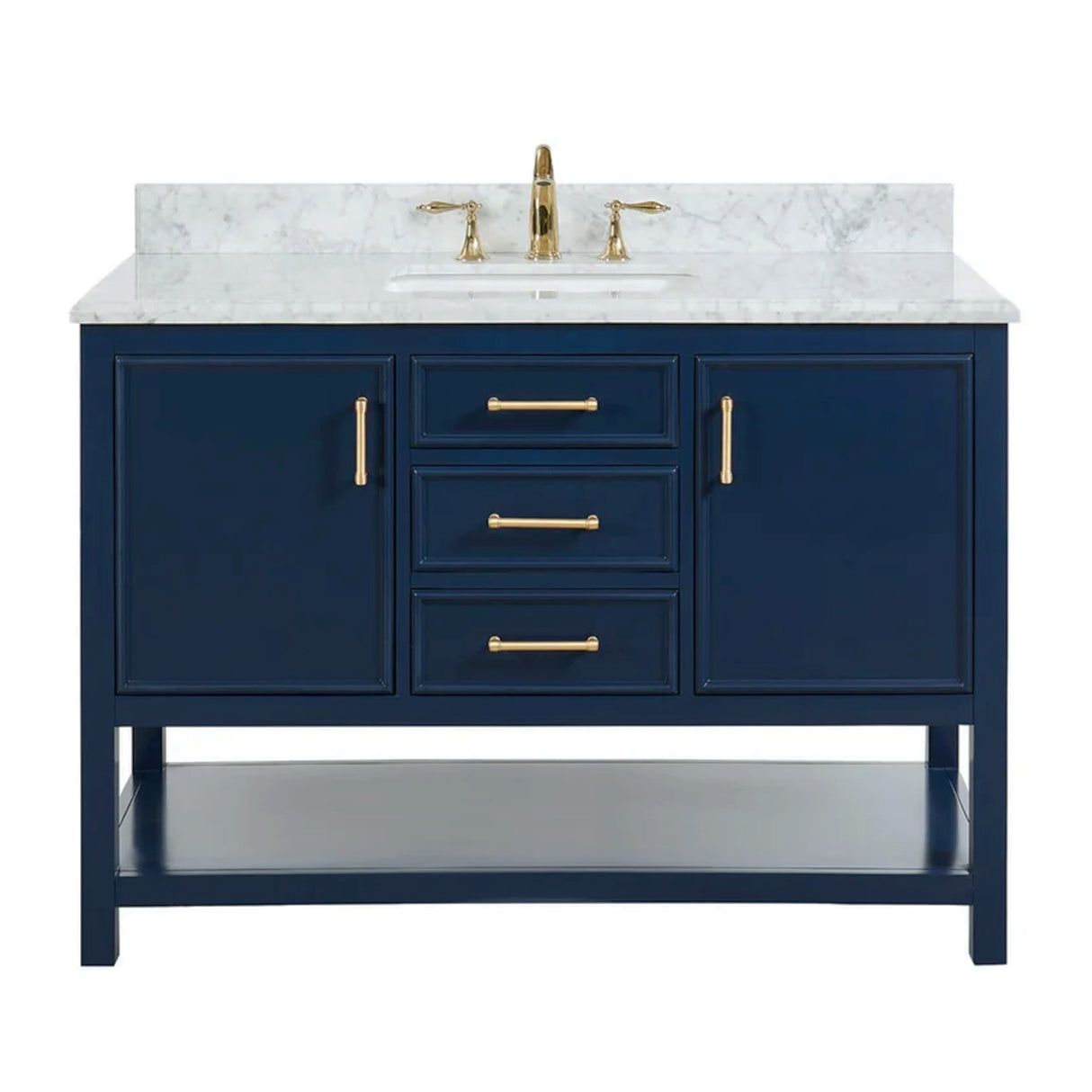 Manhattan Freestanding Solid Wood Bathroom Vanity with Natural Carrara White Marble Sink Top with 4 In. Backsplash