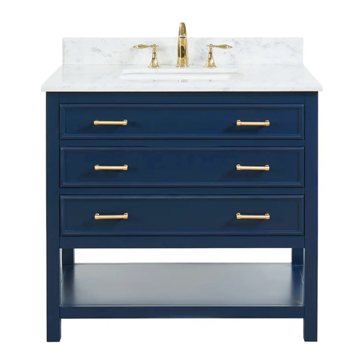 Manhattan Freestanding Solid Wood Bathroom Vanity with Natural Carrara White Marble Sink Top with 4 In. Backsplash