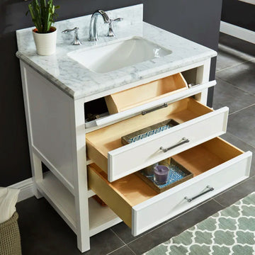 Manhattan Freestanding Solid Wood Bathroom Vanity with Natural Carrara White Marble Sink Top with 4 In. Backsplash