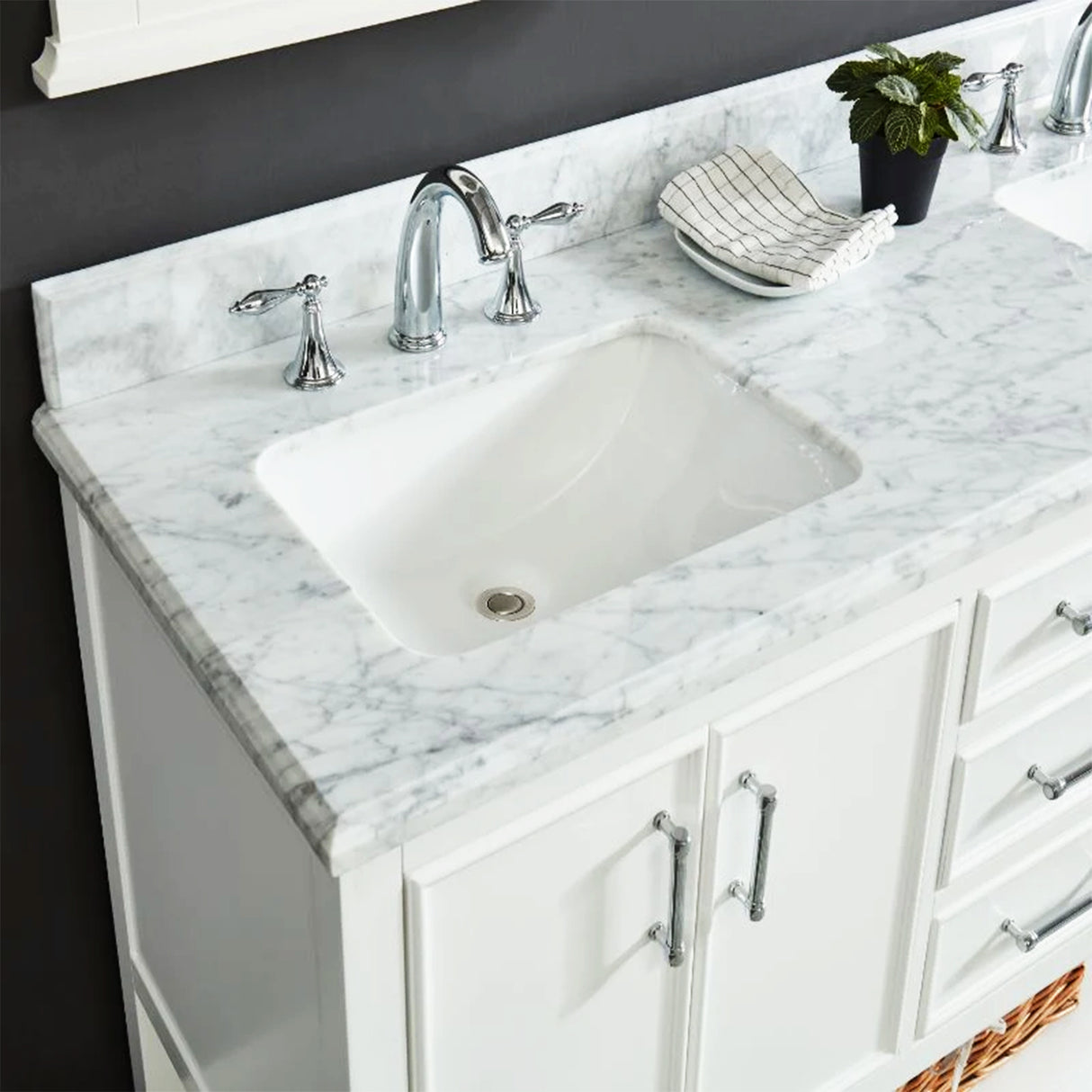 Manhattan Freestanding Solid Wood Bathroom Vanity with Natural Carrara White Marble Sink Top with 4 In. Backsplash