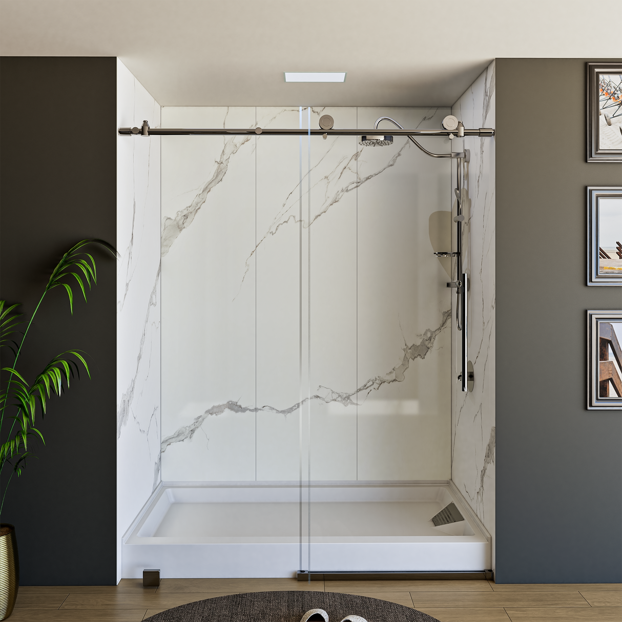 60" x 76" Frameless Shower Door - Acrylic Shower Pan with Drain - Shower Kit with 5pc Shower Wall System