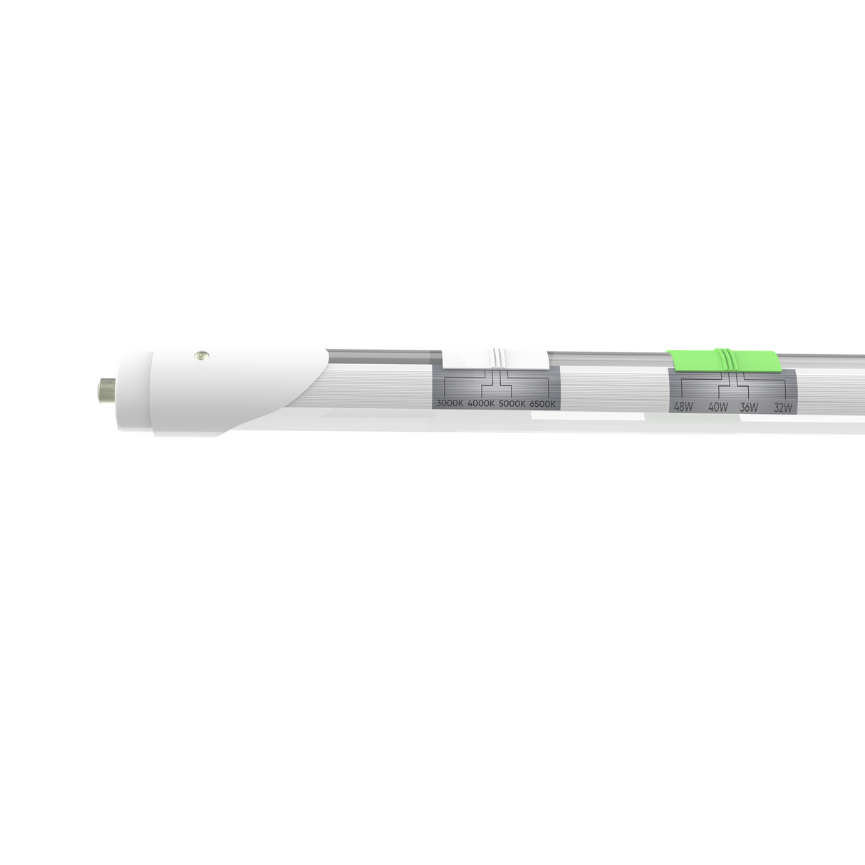 T8 8ft LED Tube/Bulb - 48w/40w/36w/32w Wattage Adjustable, 130lm/w, 3000k/4000k/5000k/6500k CCT Changeable, Clear, FA8 Single Pin, Double End Power - Ballast Bypass