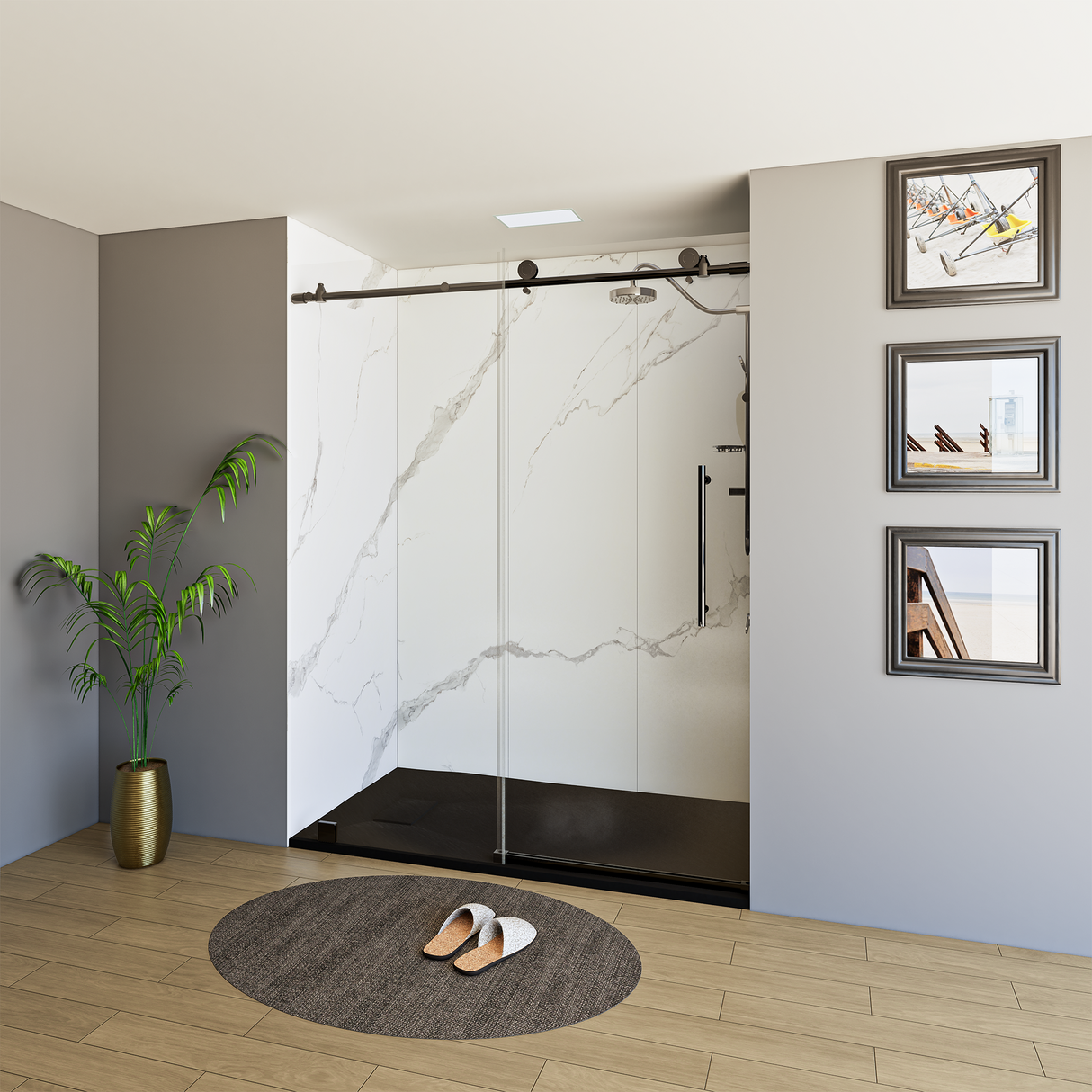 60" x 76" Frameless Shower Door with Black - Solid Surface Shower Base Tray - Shower Kit with covered drain - and 5pc Shower Wall System