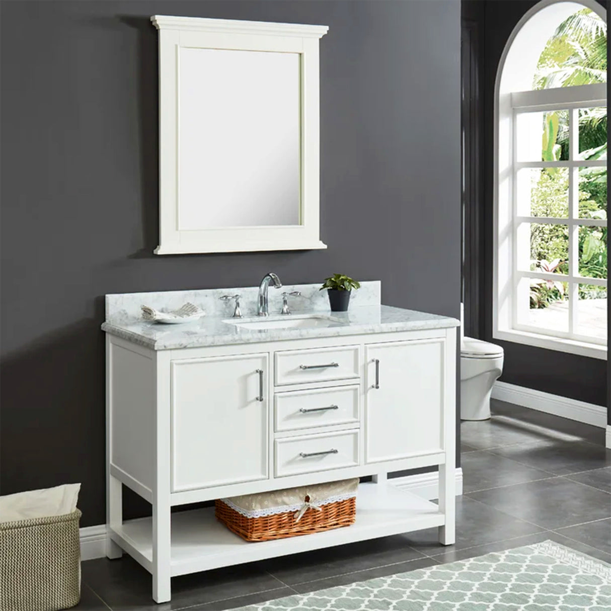 Manhattan Freestanding Solid Wood Bathroom Vanity with Natural Carrara White Marble Sink Top with 4 In. Backsplash