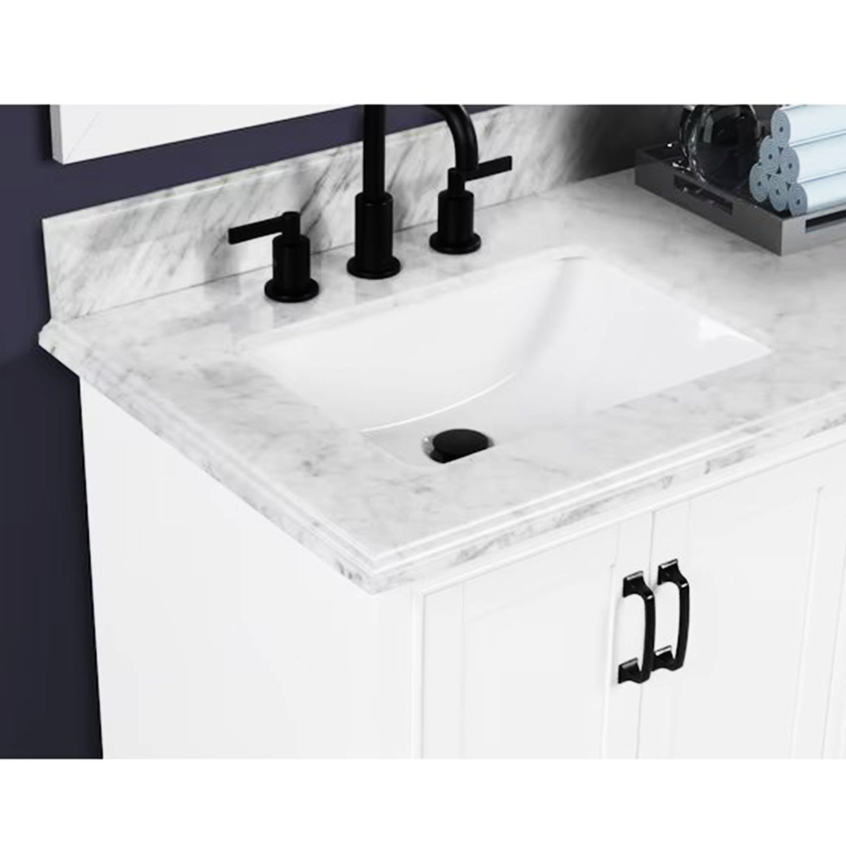 Rhoda Freestanding White Solid Wood Bathroom Vanity with Natural Carrara White Marble Sink Top with 4 In. Backsplash