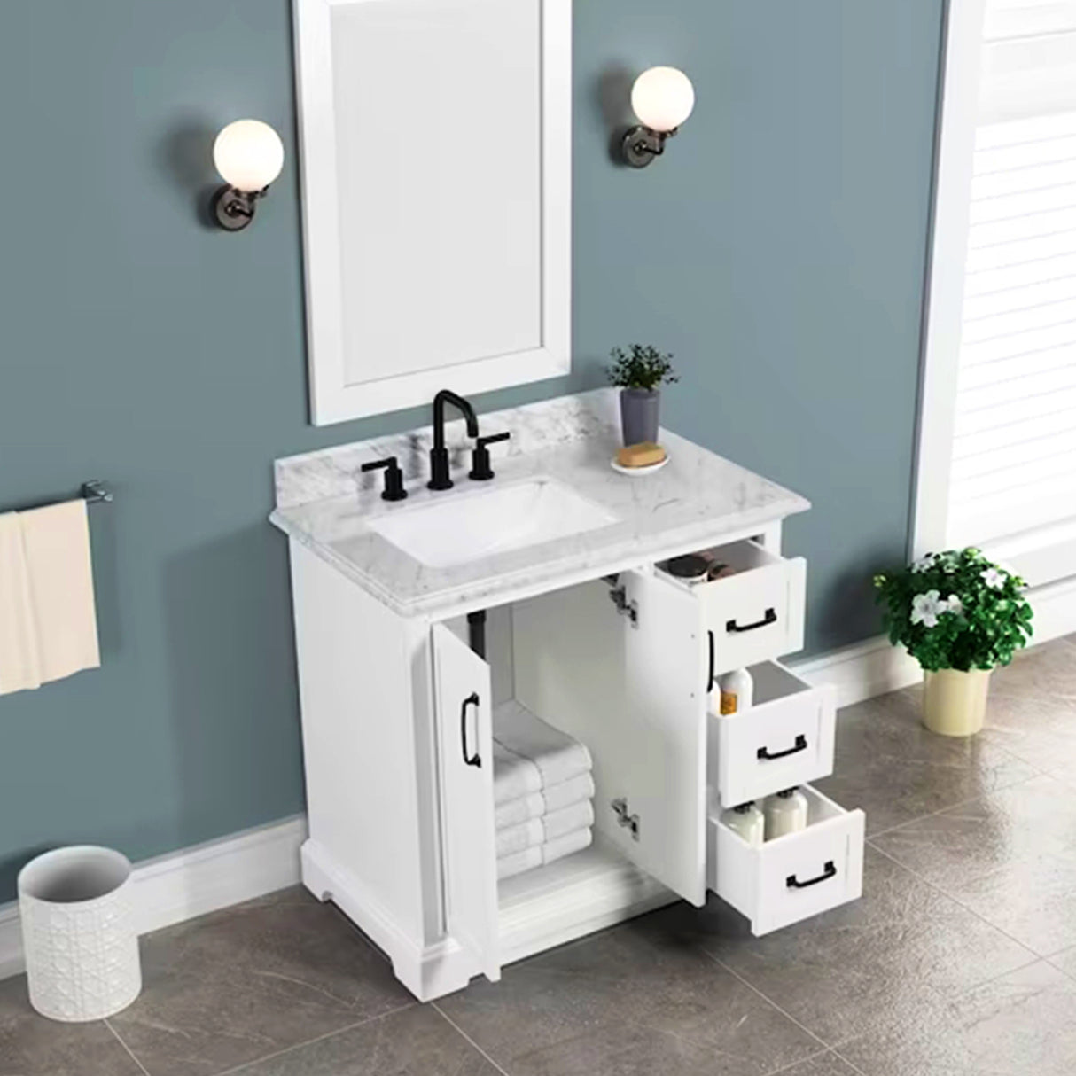 Rhoda Freestanding White Solid Wood Bathroom Vanity with Natural Carrara White Marble Sink Top with 4 In. Backsplash