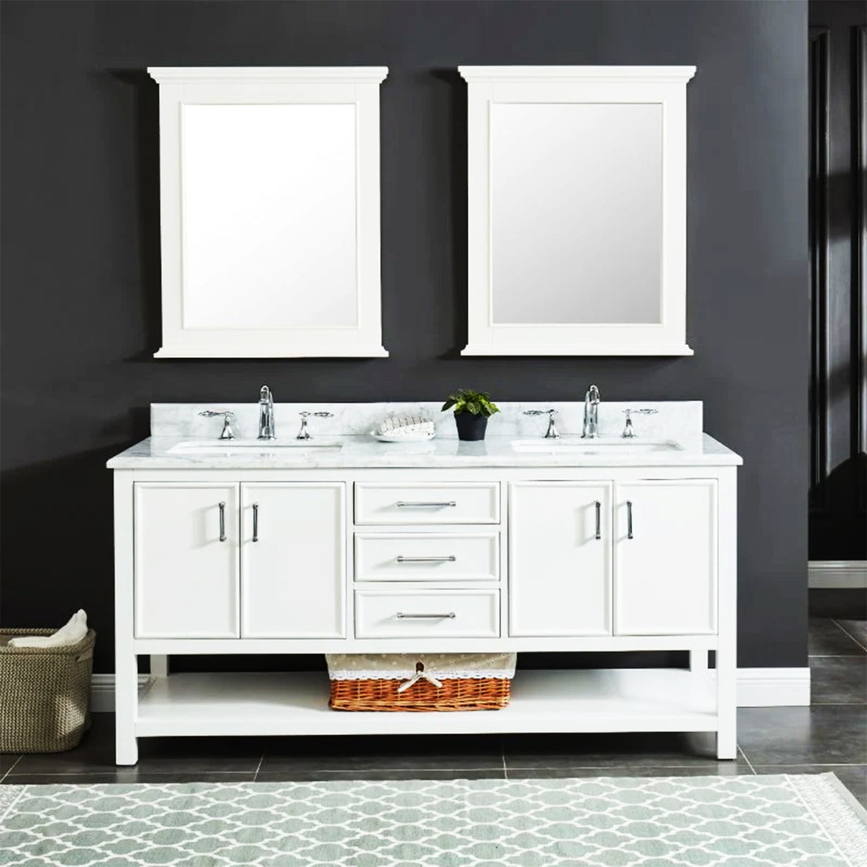 Manhattan Freestanding Solid Wood Bathroom Vanity with Natural Carrara White Marble Sink Top with 4 In. Backsplash