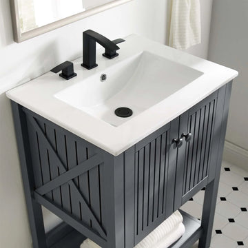 Pearl 24 Inch Vertical Slat Style Freestanding Bathroom Vanity With Ceramic Sink, Open Storage Shelf & 2 Doors