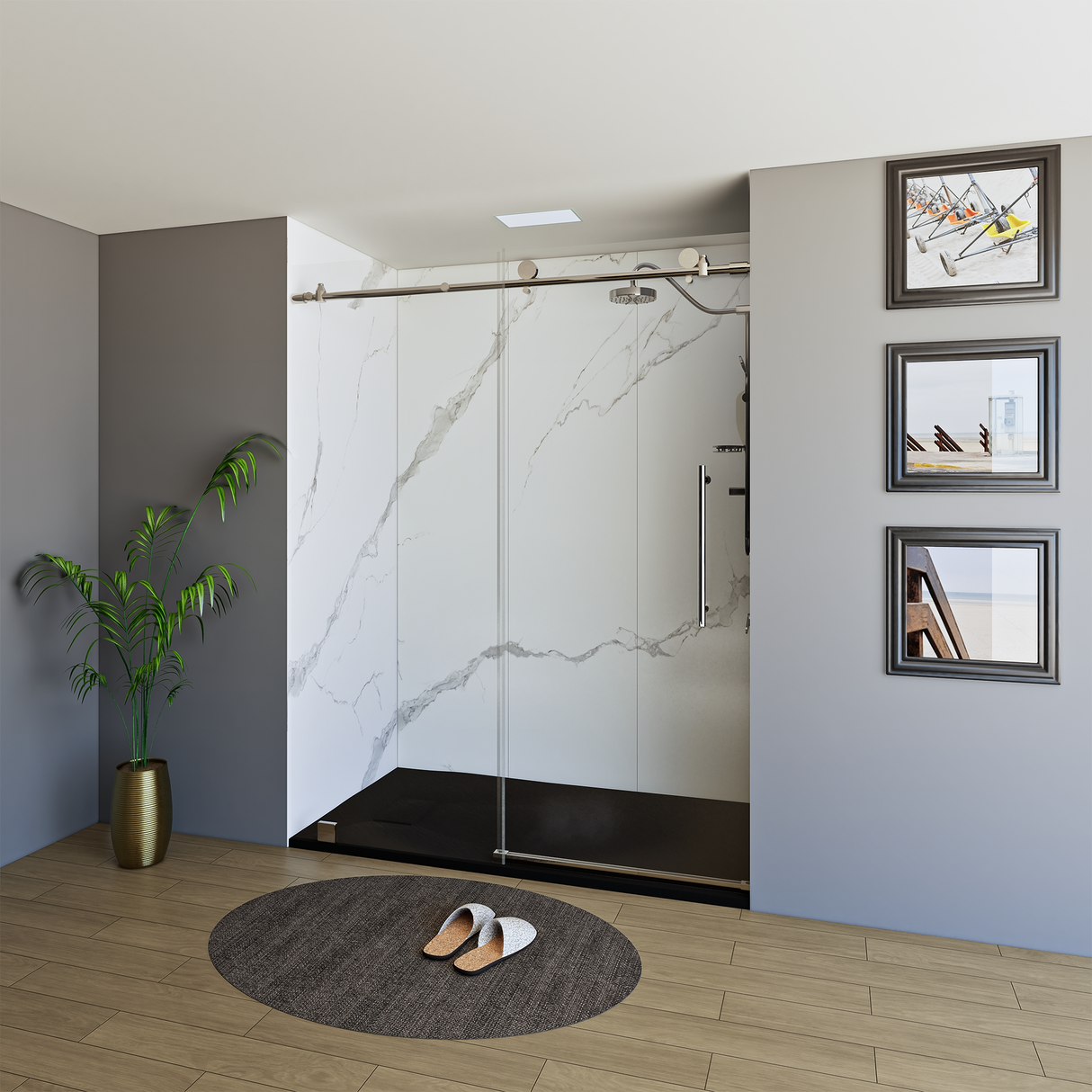 60" x 76" Frameless Shower Door with Brushed Nickel - Solid Surface Shower Base Tray - Shower Kit with covered drain - and 5pc Shower Wall System