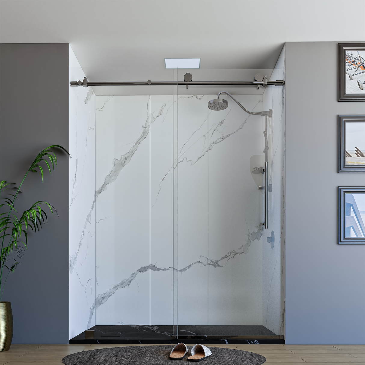 60" x 76" Frameless Shower Door with Brushed Grey - Solid Surface Shower Base Tray - Shower Kit with covered drain - and 5pc Shower Wall System