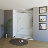 60" x 76" Frameless Shower Door with Brushed Nickel - Solid Surface Shower Base Tray - Shower Kit with covered drain - and 5pc Shower Wall System