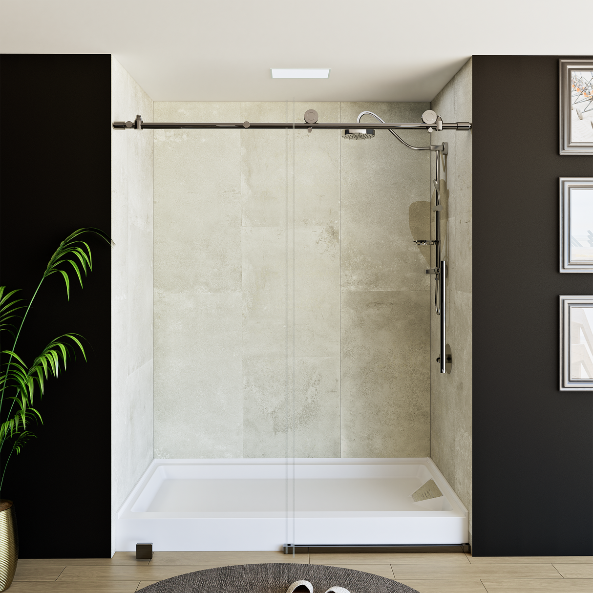 60" x 76" Frameless Shower Door - Acrylic Shower Pan with Drain - Shower Kit with 5pc Shower Wall System