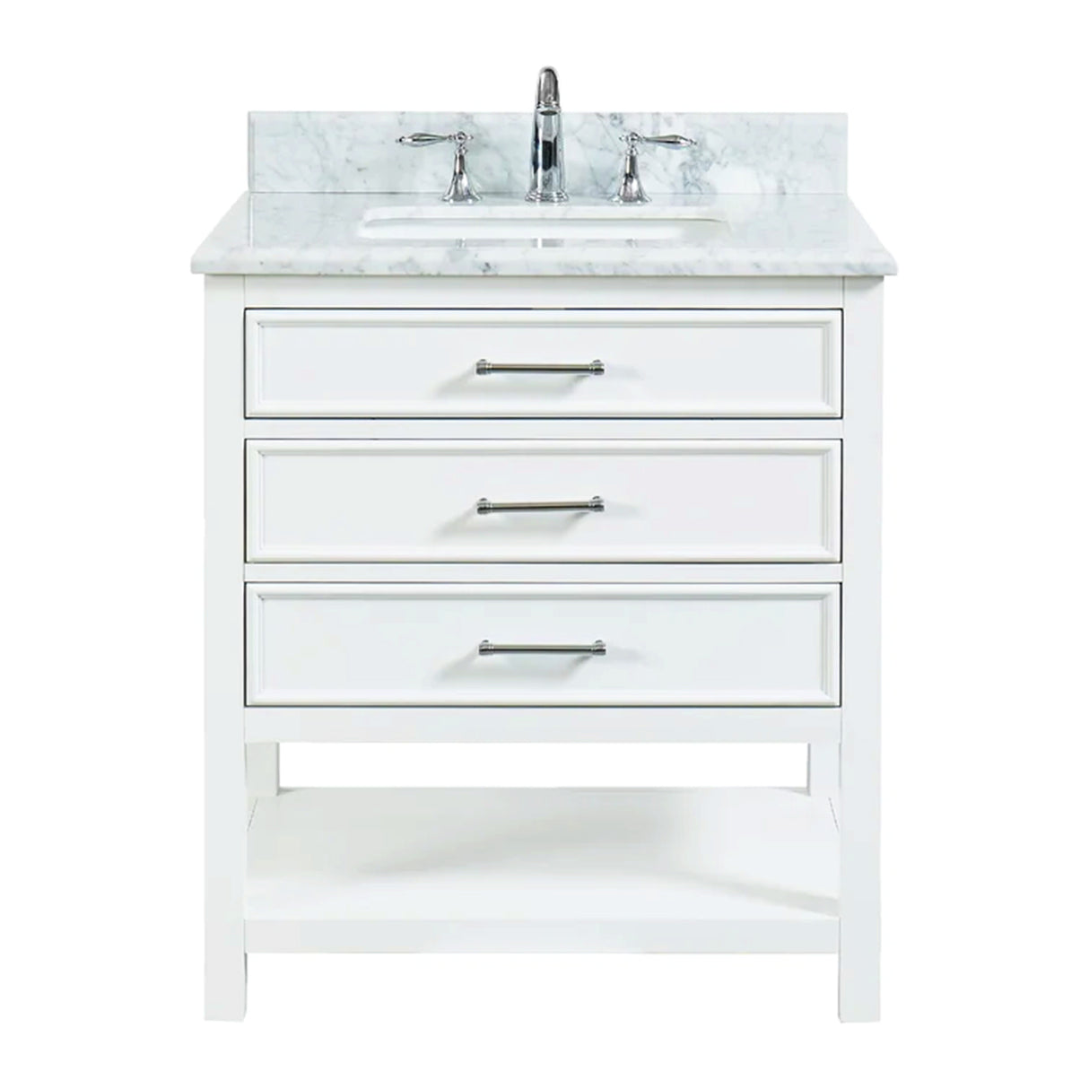 Manhattan Freestanding Solid Wood Bathroom Vanity with Natural Carrara White Marble Sink Top with 4 In. Backsplash