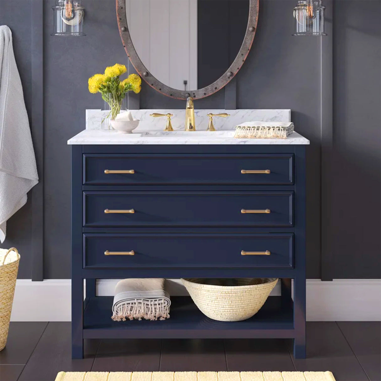 Manhattan Freestanding Solid Wood Bathroom Vanity with Natural Carrara White Marble Sink Top with 4 In. Backsplash