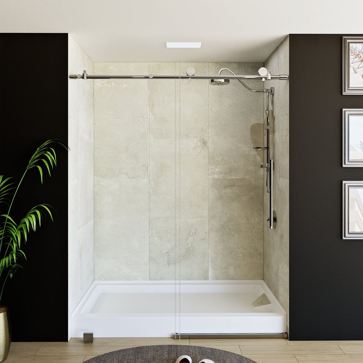 60" x 76" Frameless Shower Door - Acrylic Shower Pan with Drain - Shower Kit with 5pc Shower Wall System