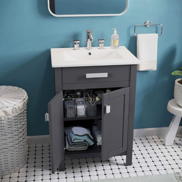 Liana 24 Inch Gray White Freestanding Bathroom Vanity With Ceramic Sink, 2 Doors & Drawer