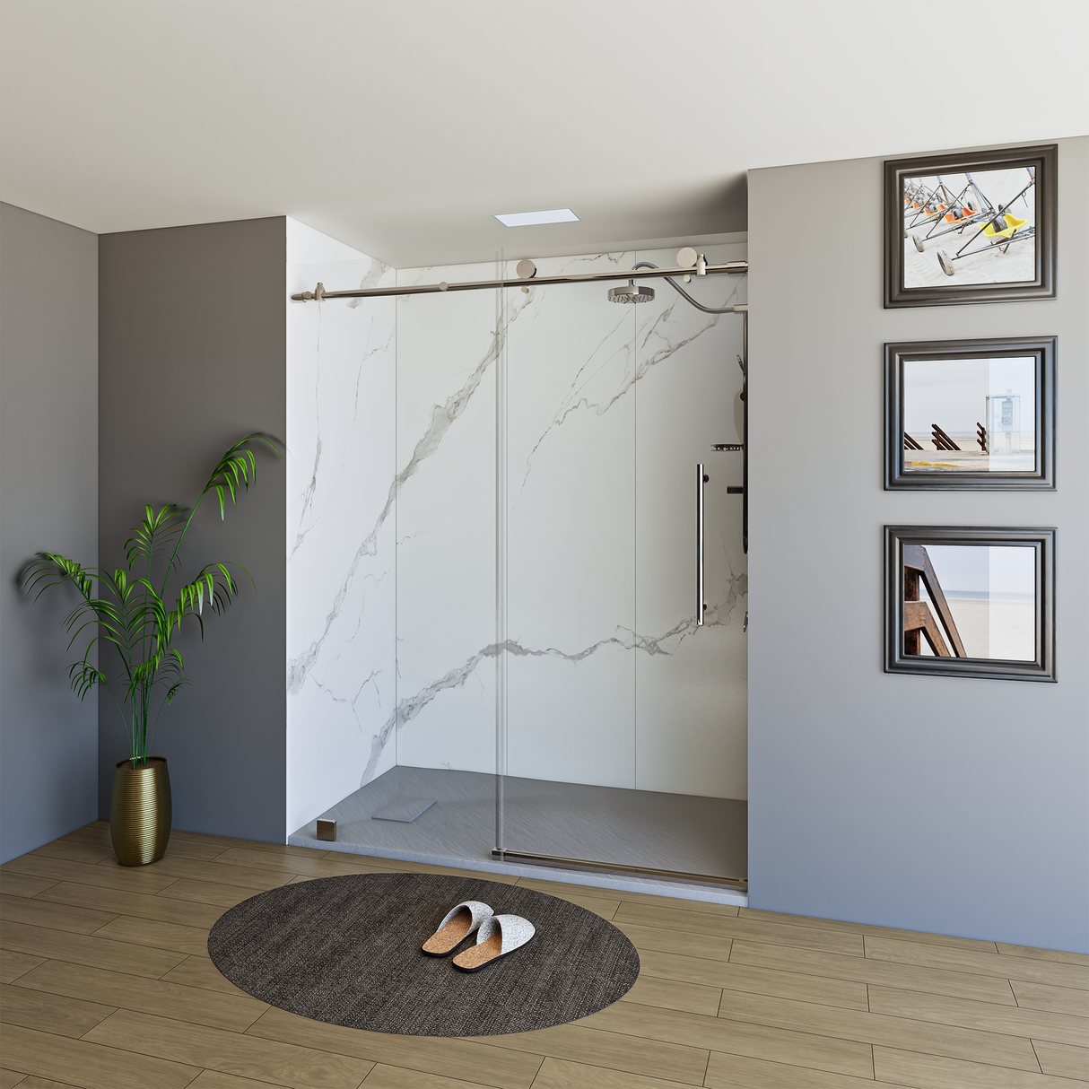 60" x 76" Frameless Shower Door with Brushed Nickel - Solid Surface Shower Base Tray - Shower Kit with covered drain - and 5pc Shower Wall System