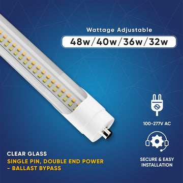 T8 8ft LED Tube/Bulb - 48w/40w/36w/32w Wattage Adjustable, 130lm/w, 3000k/4000k/5000k/6500k CCT Changeable, Clear, FA8 Single Pin, Double End Power - Ballast Bypass